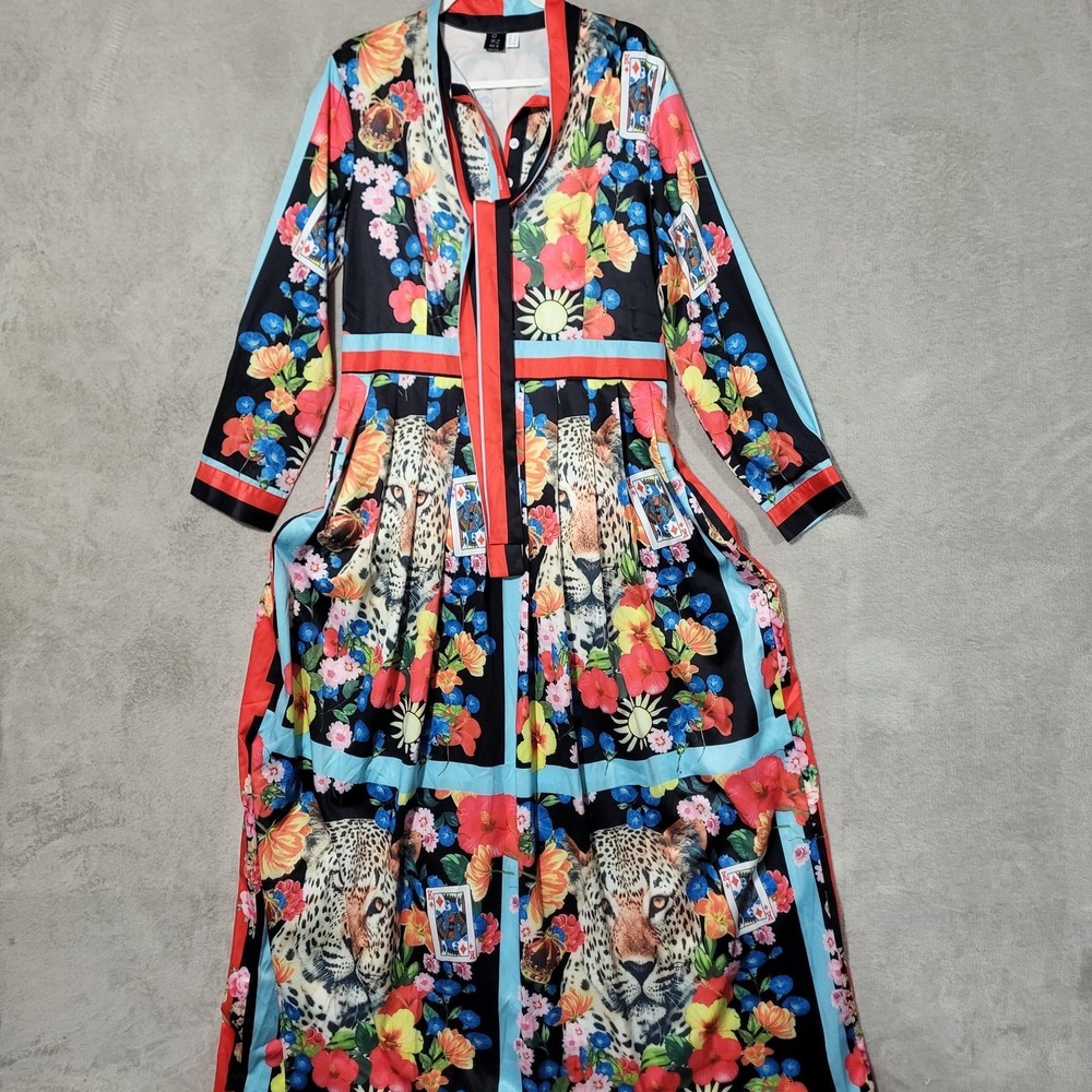 LAI MENG FIVE CATS Dress Womens 14 Multicolor Animal Maxi Shirt Dress Belted